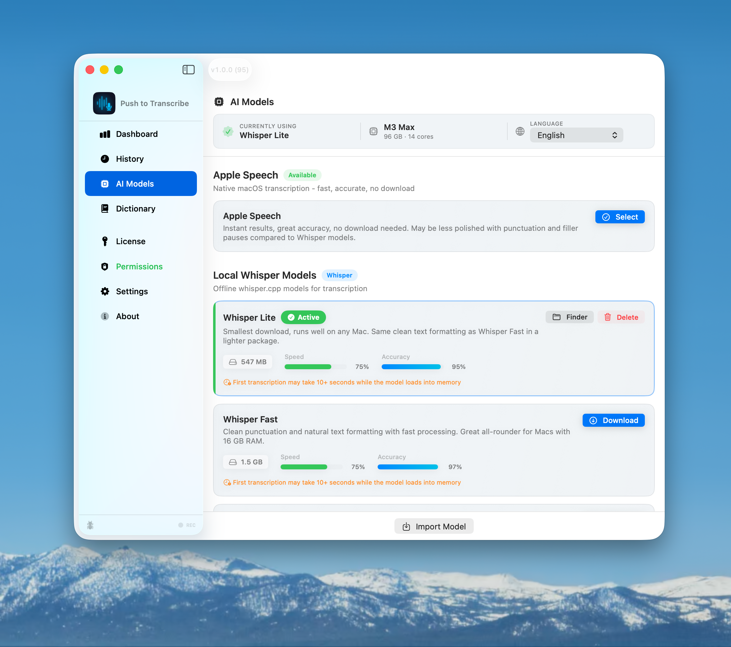 AI model picker with Whisper Lite, Whisper Fast, Apple Speech, speed and accuracy bars, model import