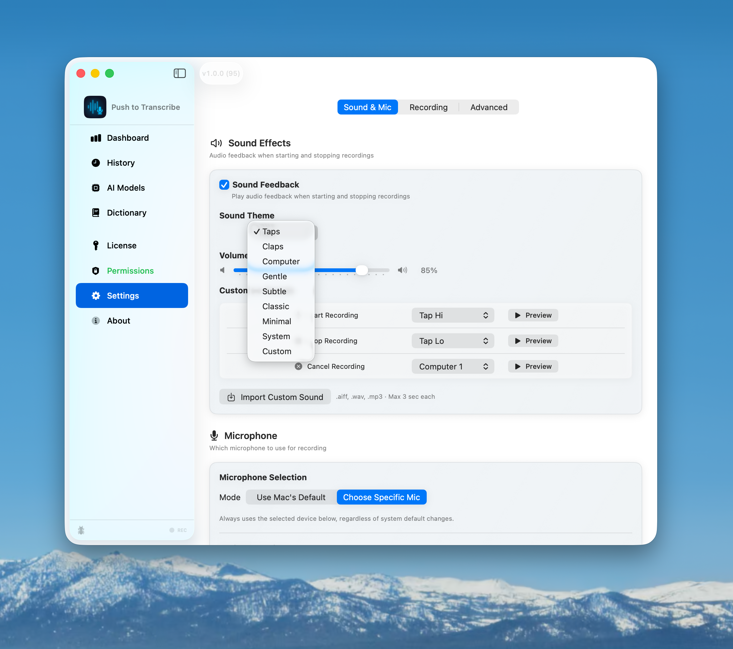 Settings: 8 sound themes with custom import, volume control, microphone selection