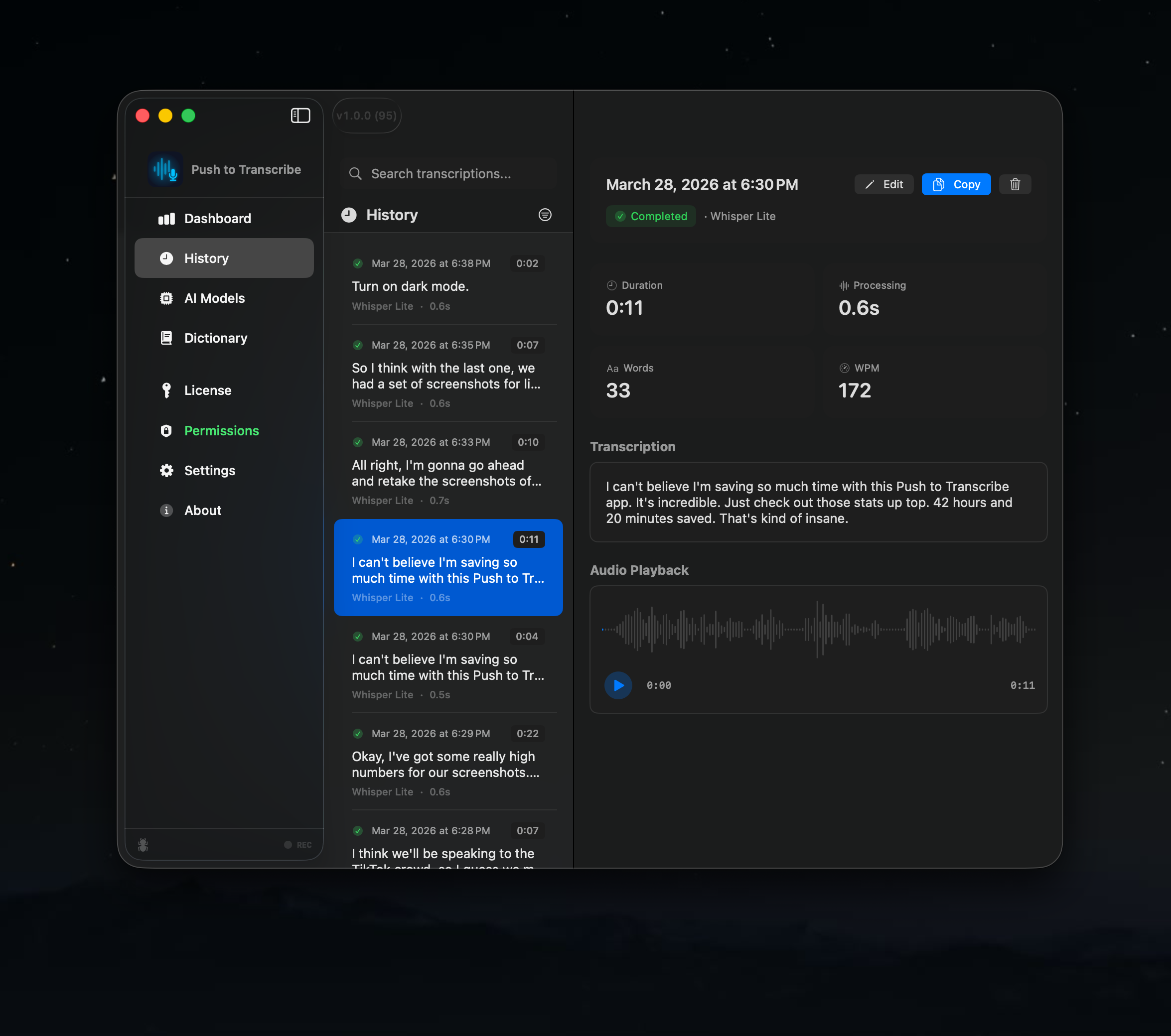 Transcription history with full-text search, audio playback waveform, word count, and WPM stats